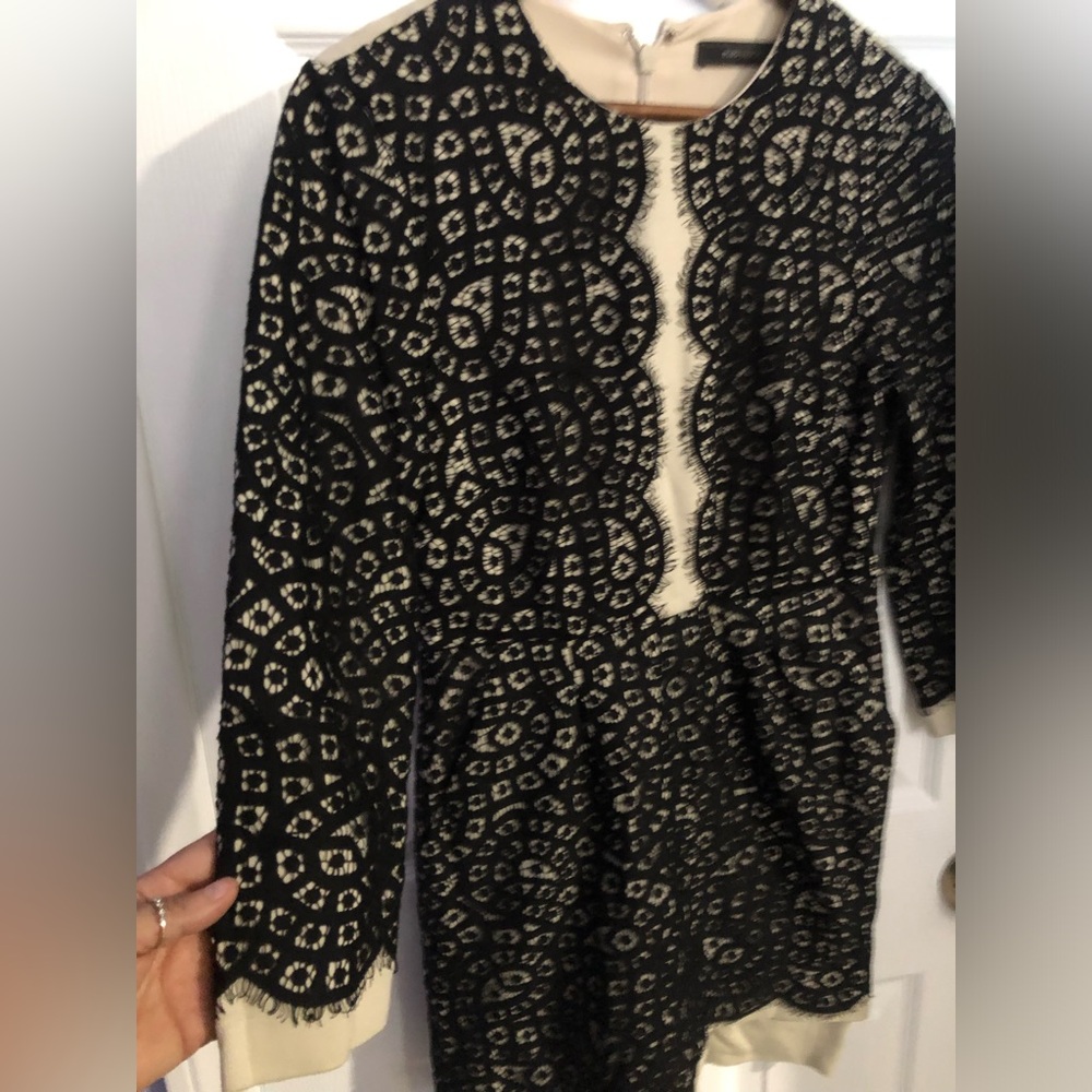 BCBGMaxAzria Black Lace Overlay on Cream Long-Sleeve Dress - Picture 2 of 12